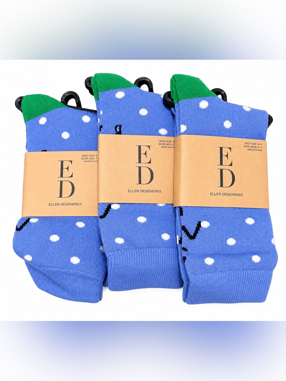 Ellen Degeneres Blue Polka Dot Socks with Green Cuff 3 Pairs